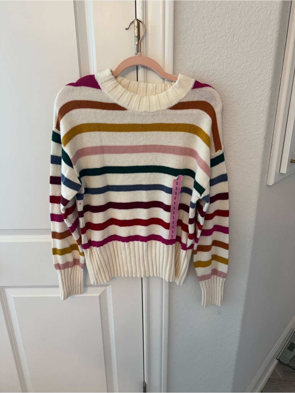 GAP Cream Colorful Striped Crewneck Sweater with Pink, Mustard & Teal Accents